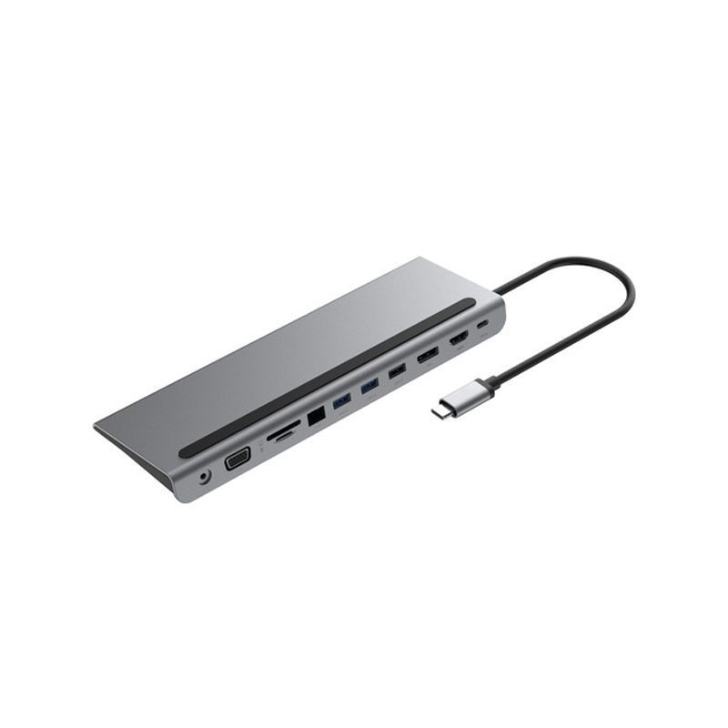 محول Powerology 11 في 1 متعدد الشاشات USB-C Hub ومنصة للكمبيوتر المحمول بقوة 100 واط - رمادي