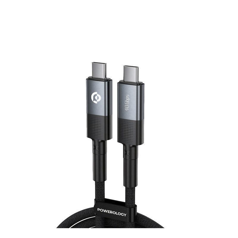 كابل شحن سريع USB 4.0 من Powerology بطول 2 متر وموصلين من النوع C إلى النوع C بقوة 240 واط وتصميم مضفر - رمادي