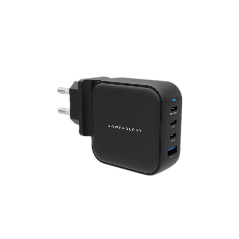 Powerology 3-Port PD + 1-Port QC3.0 GaN Wall Charger 100W - Black